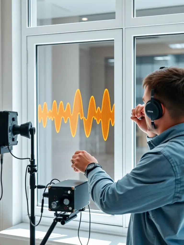 An acoustic test being performed on a window, showing the soundproofing capabilities of the system, reducing noise pollution for a quieter indoor environment.