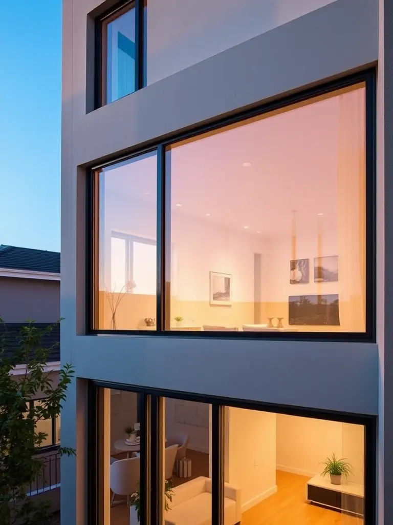 A high-quality photograph showcasing Atlas's minimalist window system installed in a modern residential building, emphasizing the narrow frames and expansive glass.