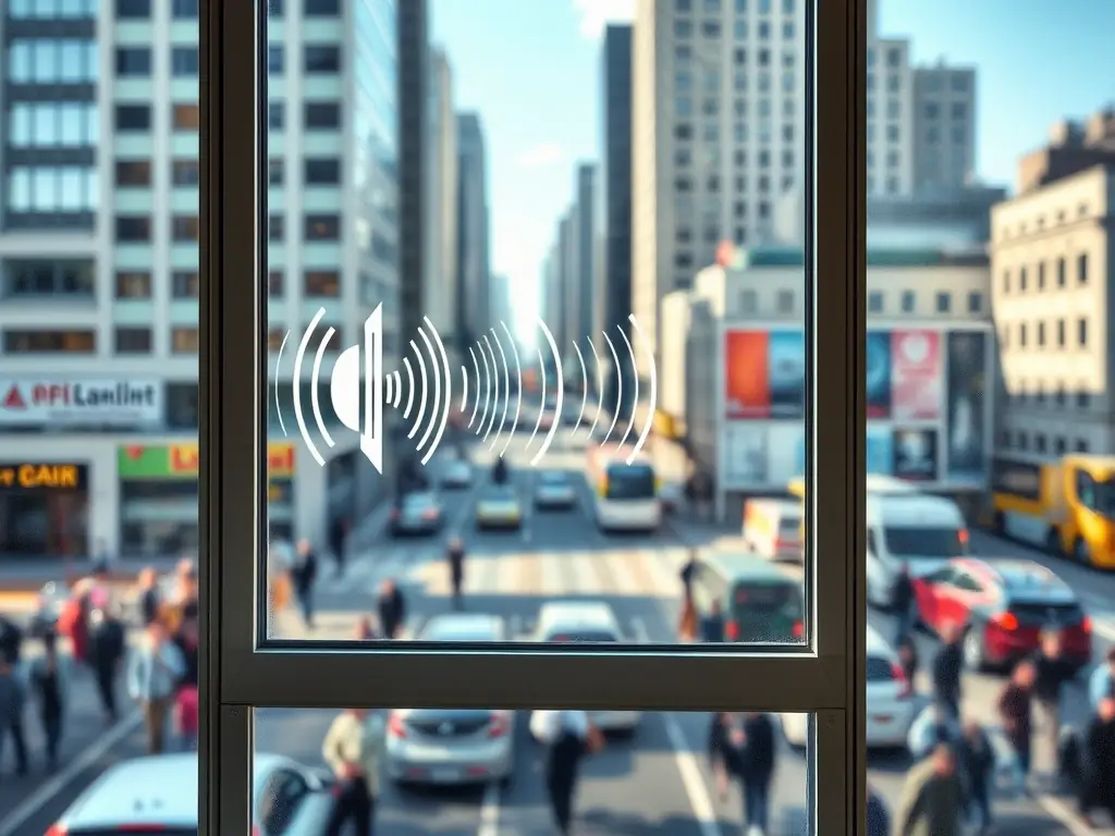 An image showcasing a soundproof window in a busy urban environment, with sound waves being blocked by the window.