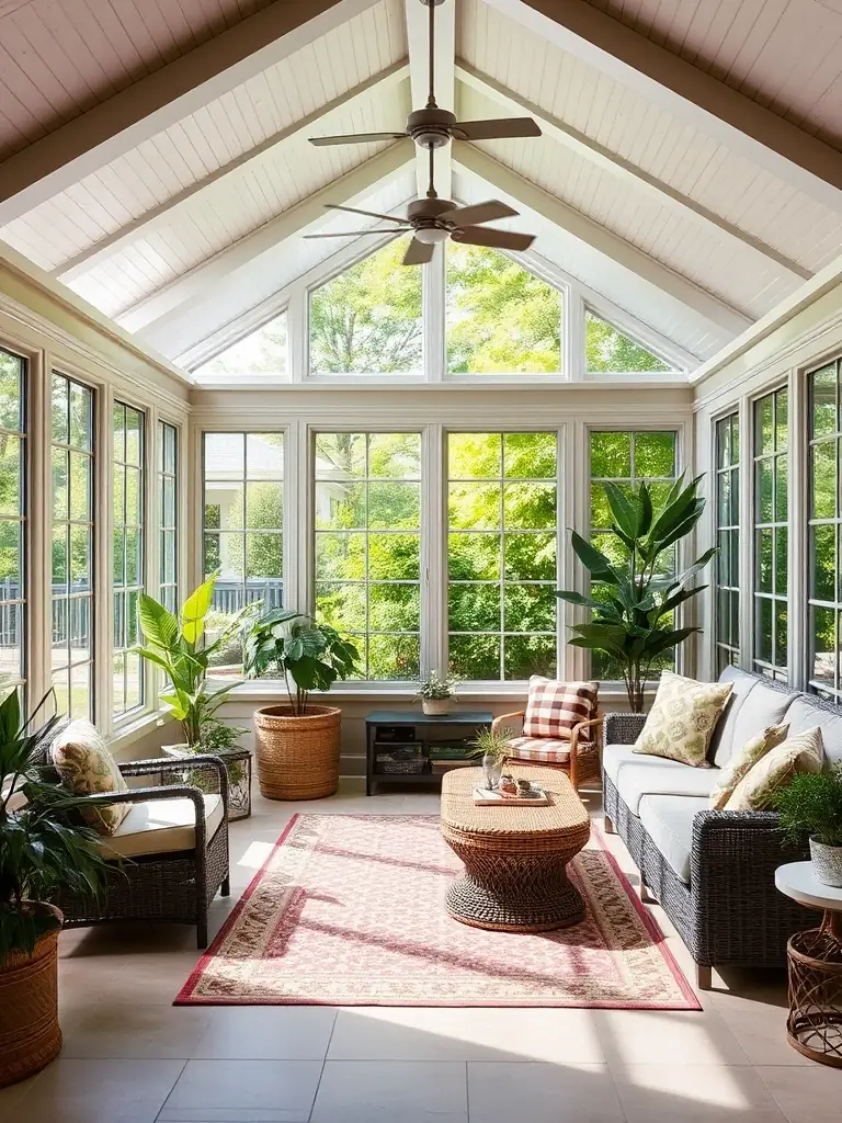 A cozy sunroom featuring Atlas's sunroom solutions, filled with natural light and lush greenery, showcasing its ability to create a comfortable and inviting indoor-outdoor space.