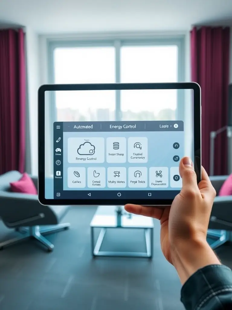 A smart window system interface on a tablet, showcasing the automated control and energy-saving features, integrating seamlessly with modern building management systems.