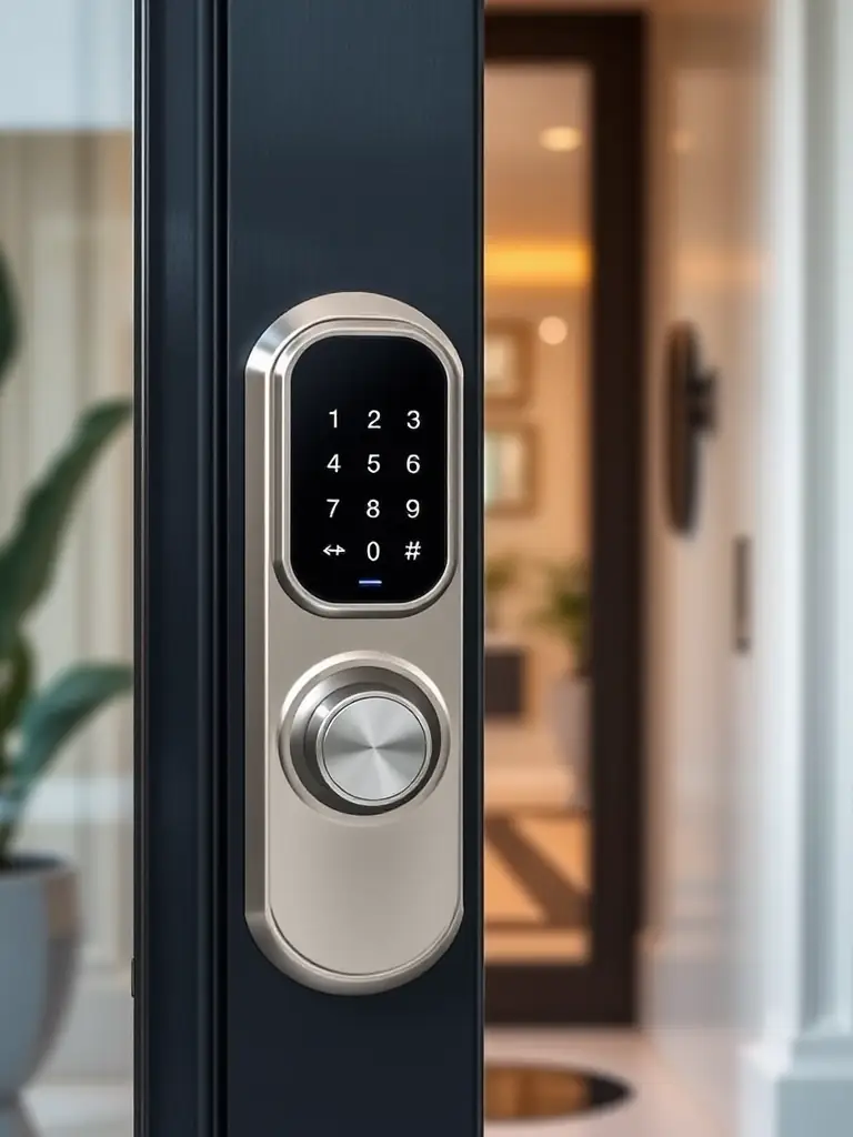 A detailed close-up shot of Atlas's smart door system, focusing on the integrated smart lock and biometric scanner, with a blurred background of a luxurious home entrance.