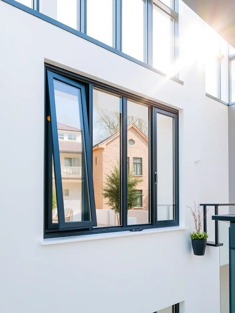 A high-resolution photograph of Atlas's smart window system installed in a modern residential building, showcasing its sleek design and energy-efficient features.