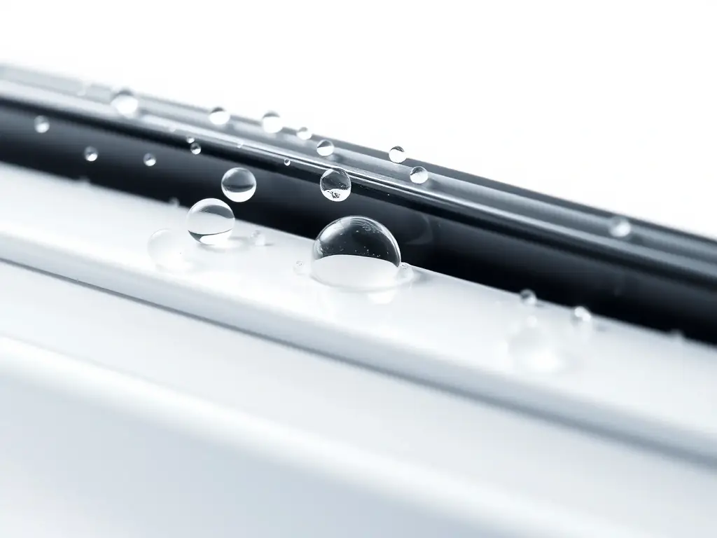 A detailed close-up shot of a window seal, highlighting its airtight and watertight properties, with water droplets beading on the surface.