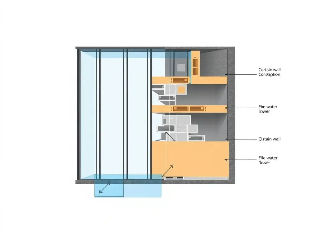 A cross-sectional diagram of a curtain wall system, illustrating its multi-layered construction and watertight design, with arrows indicating water flow.