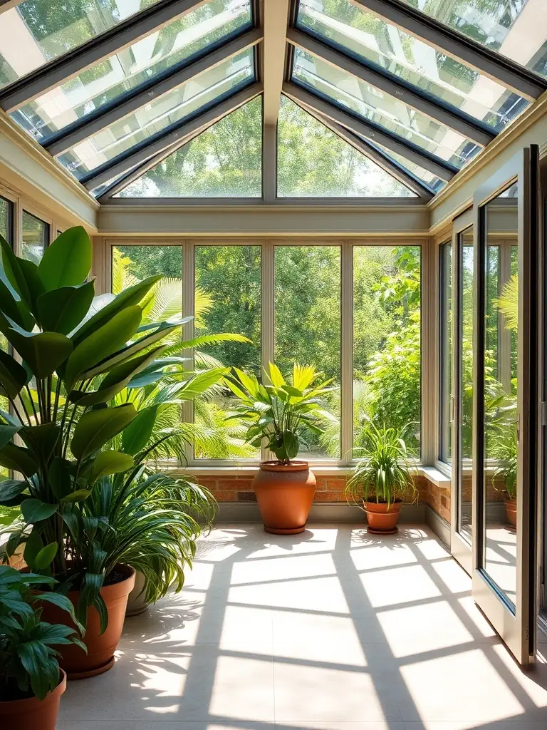 A sunroom featuring Atlas's glazing, filled with plants and natural light, demonstrating the comfort and energy efficiency of the space.